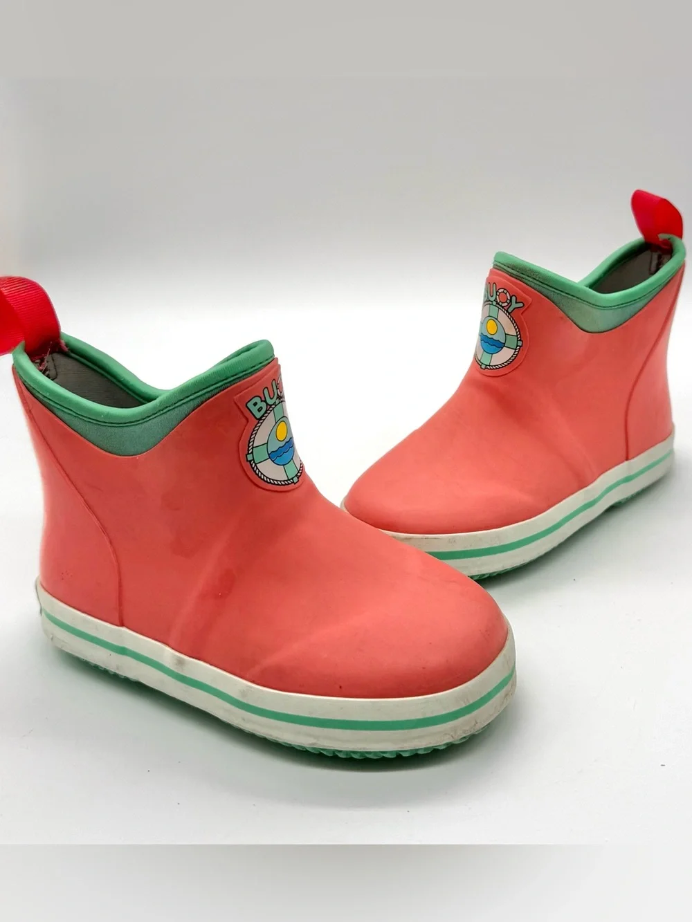 Coral Kids Rain Boots with Green Trim